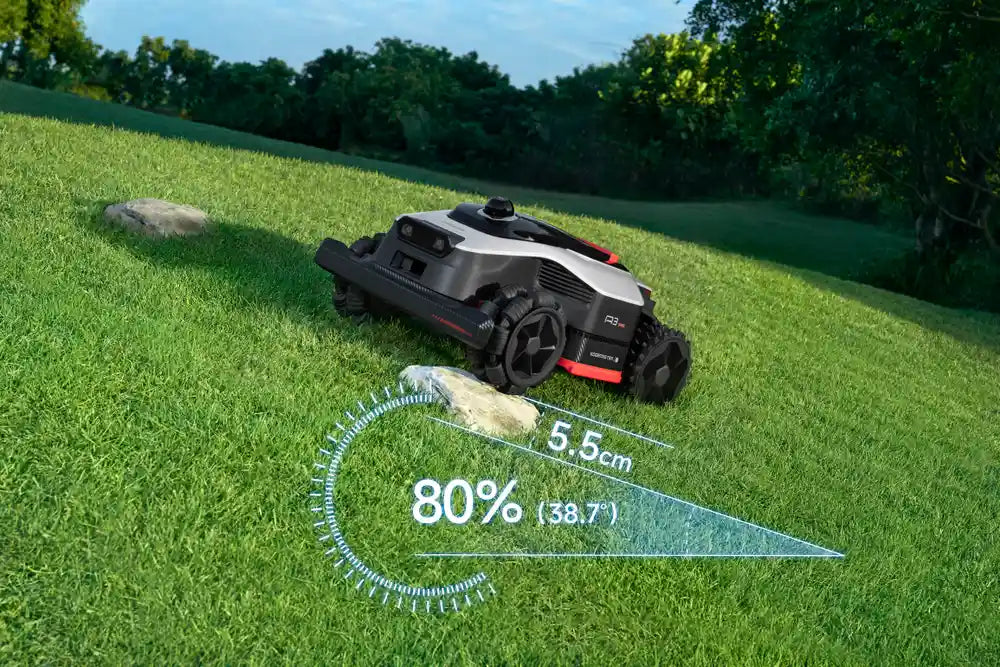 Dreame AWD robot grass cutter series has a four-wheel drive system for lawns with slopes