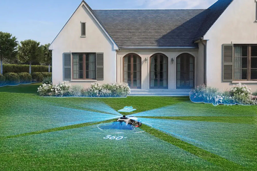 Dreame AI lawn mower mapping a whole yard in 3D, with 360 degree sensing picking out garden beds