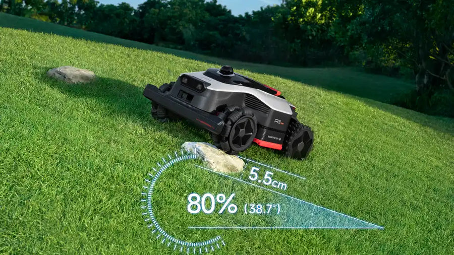 Dreame A3 AWD Pro four-wheel drive system for large lawns with slopes