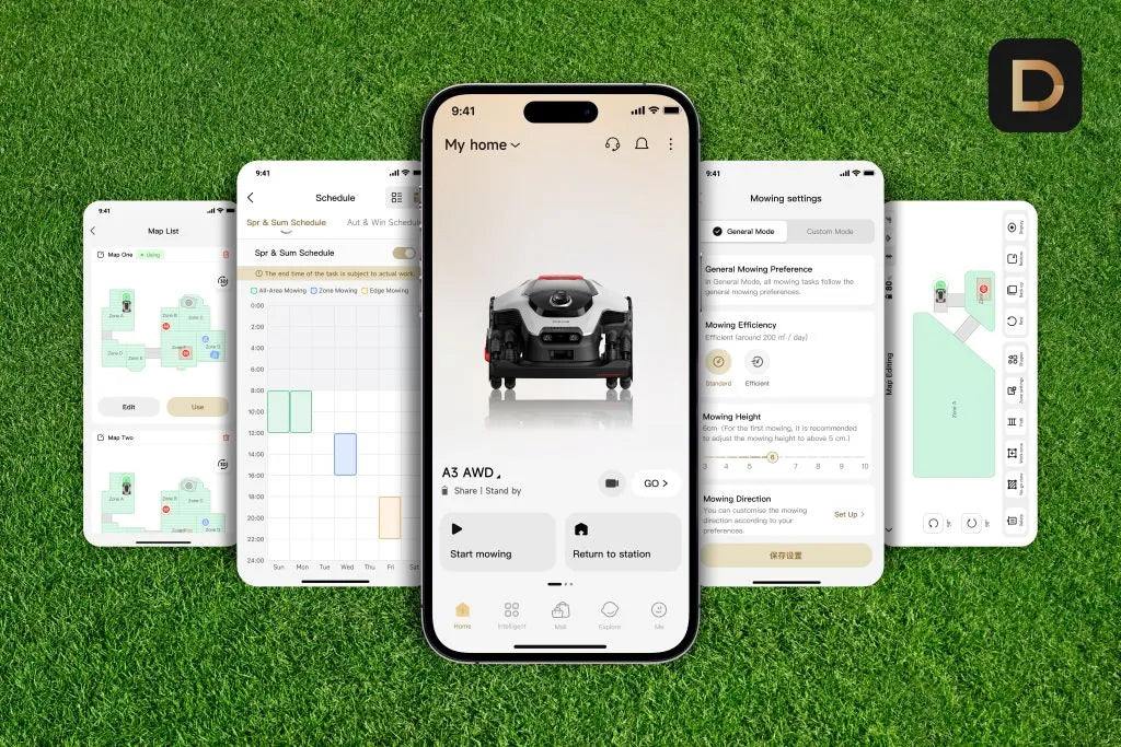Dreamehome app interface showing remote control lawn mower schedule and mowing zones